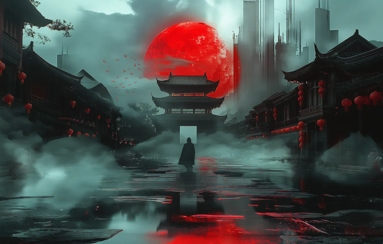 Фото обои red, Moon, fog, digital art, lantern, mist, crimson, ancient city