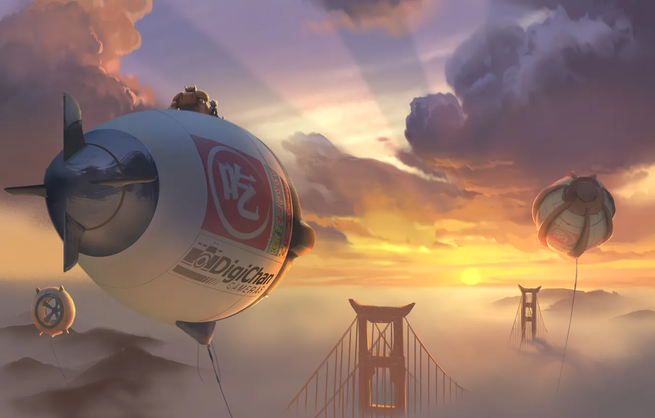 Фото обои небо, облака, закат, мост, мультфильм, Калифорния, дирижабль, USA