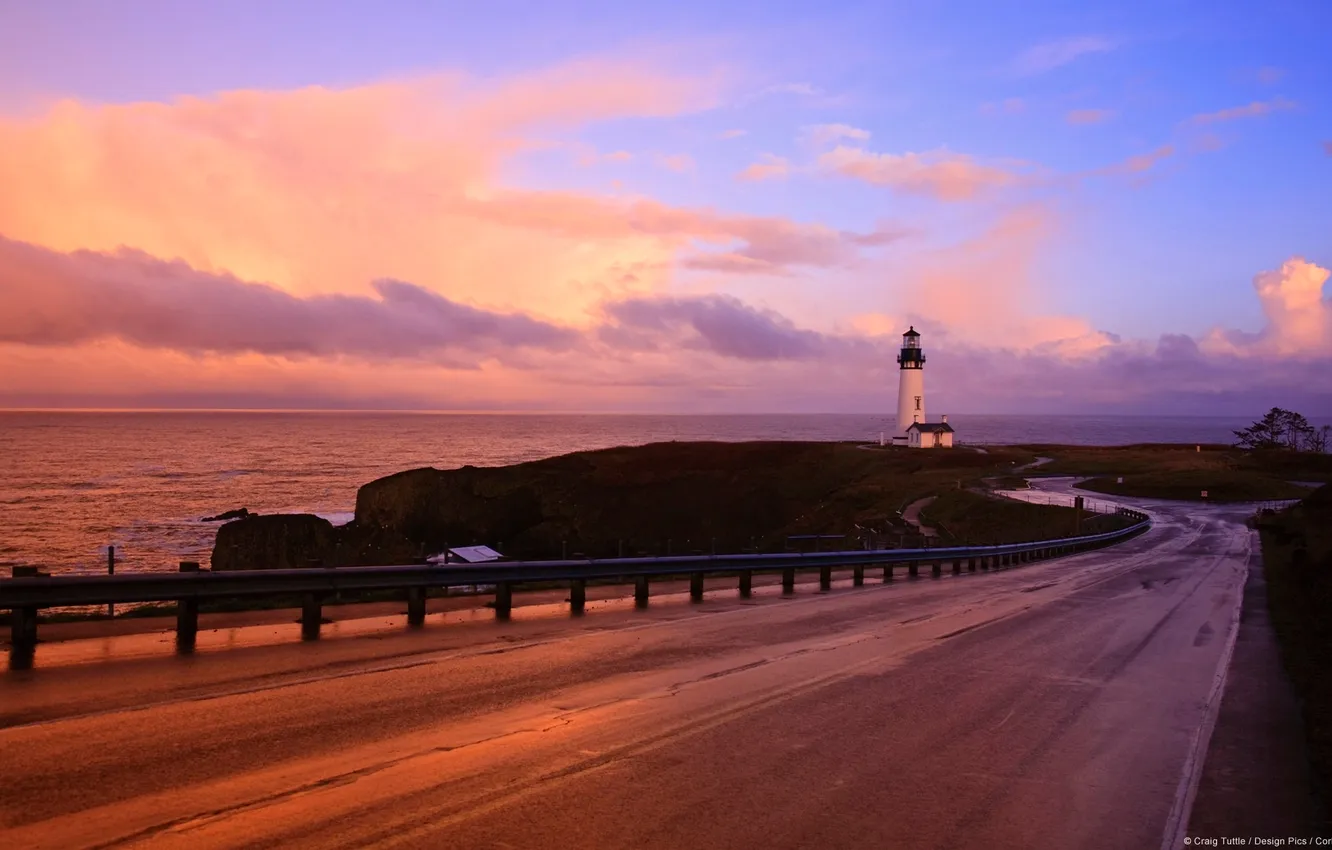 Фото обои дорога, закат, океан, маяк, вечер