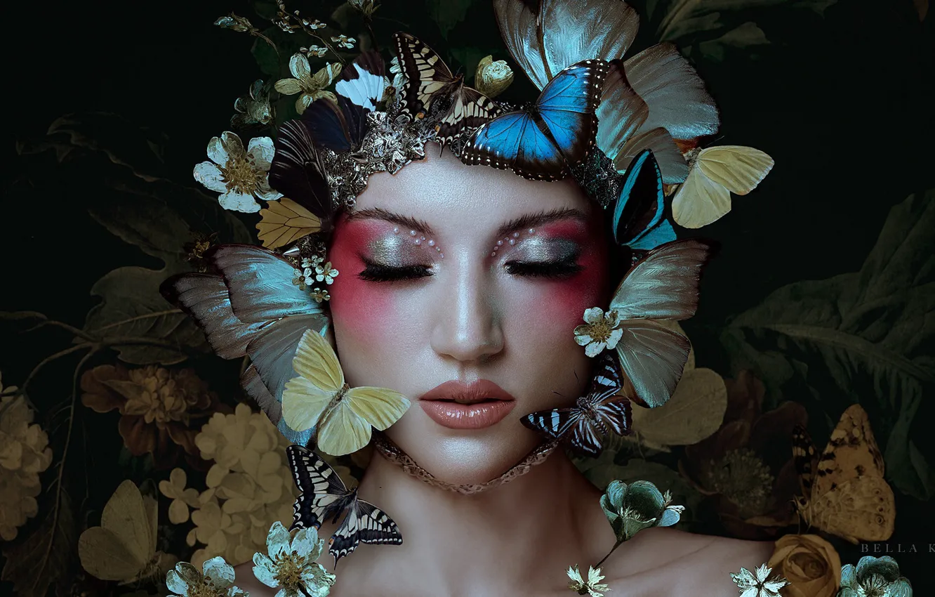 Фото обои девушка, бабочки, цветы, лицо, стиль, макияж, закрытые глаза, Bella Kotak