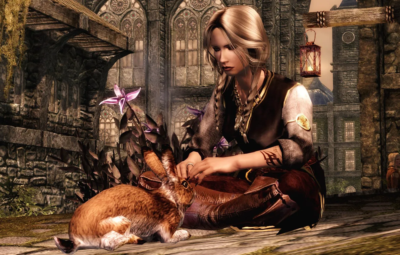 Фото обои девушка, заяц, воин, skyrim, the elder scrolls v