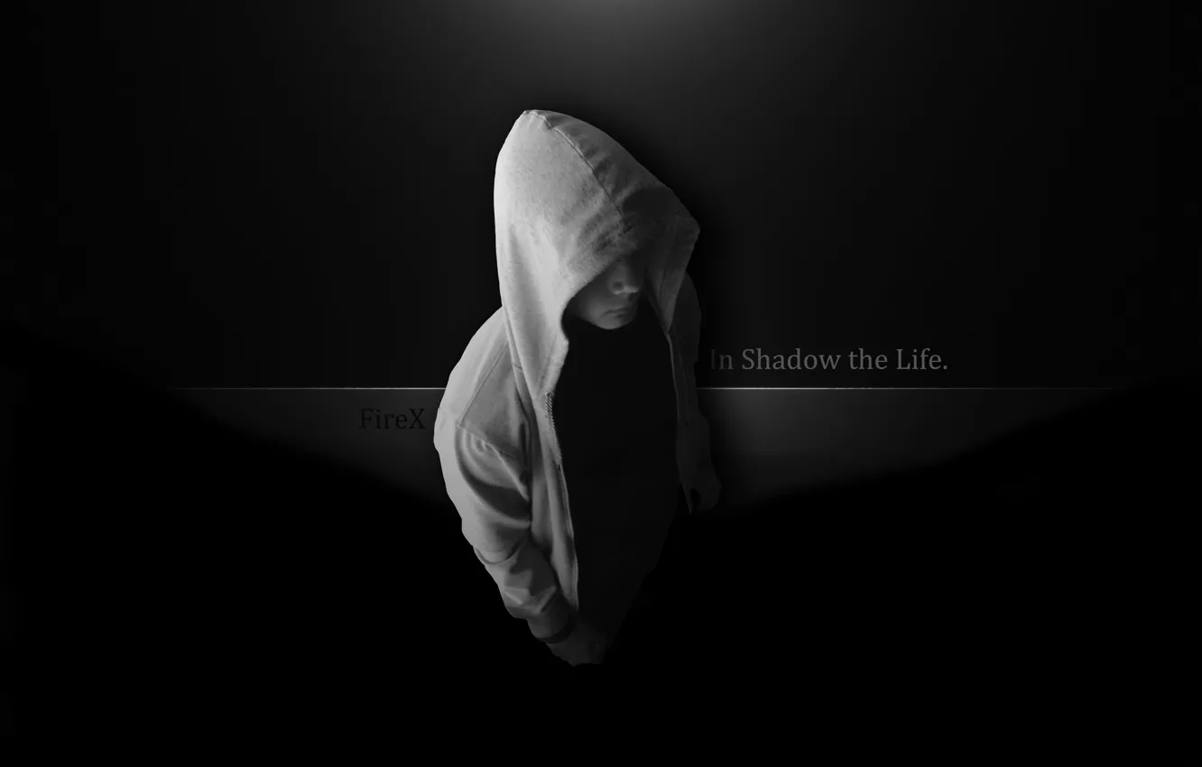 Фото обои темнота, человек, капюшон, FireX, in shadow the life