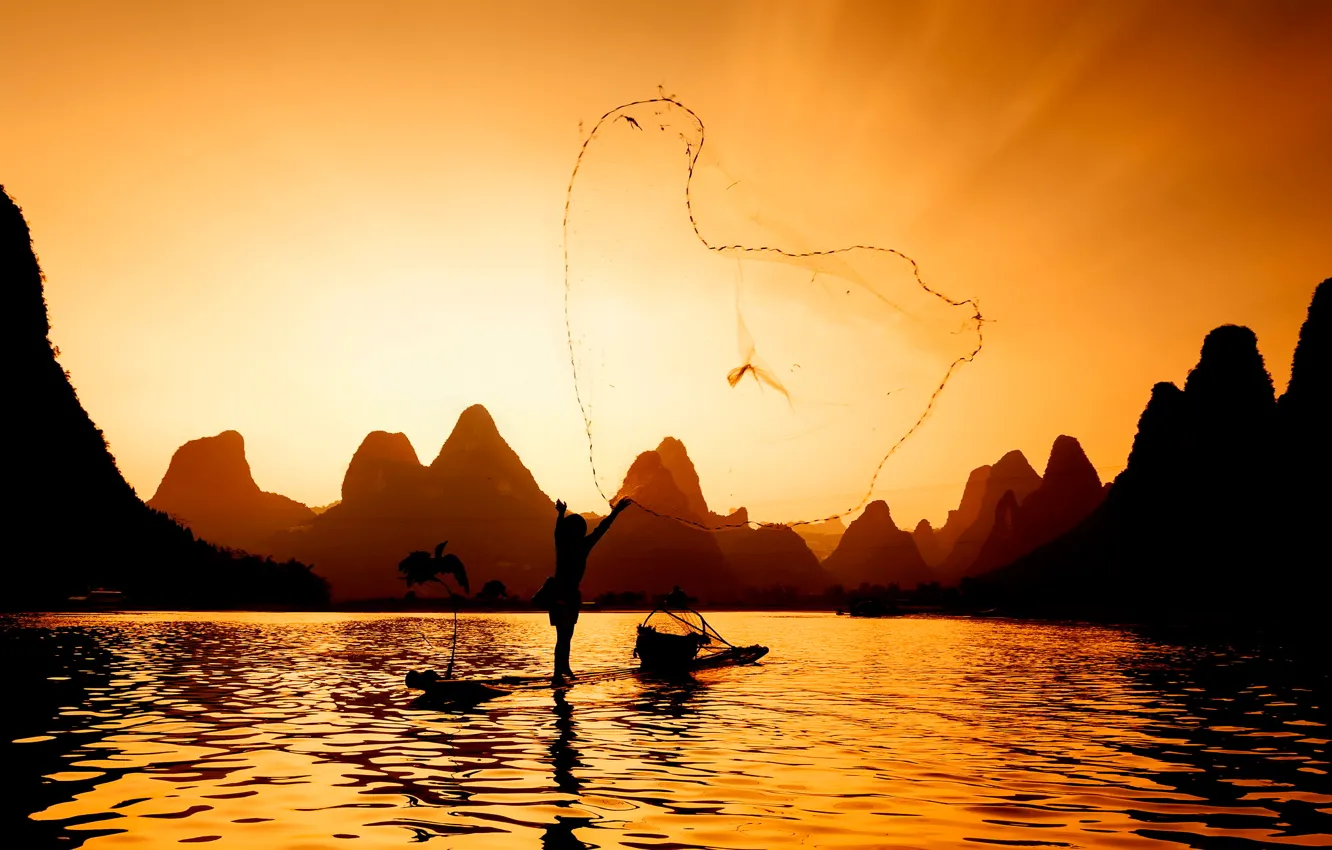 Фото обои река, сеть, рыбак, fishing at sunset
