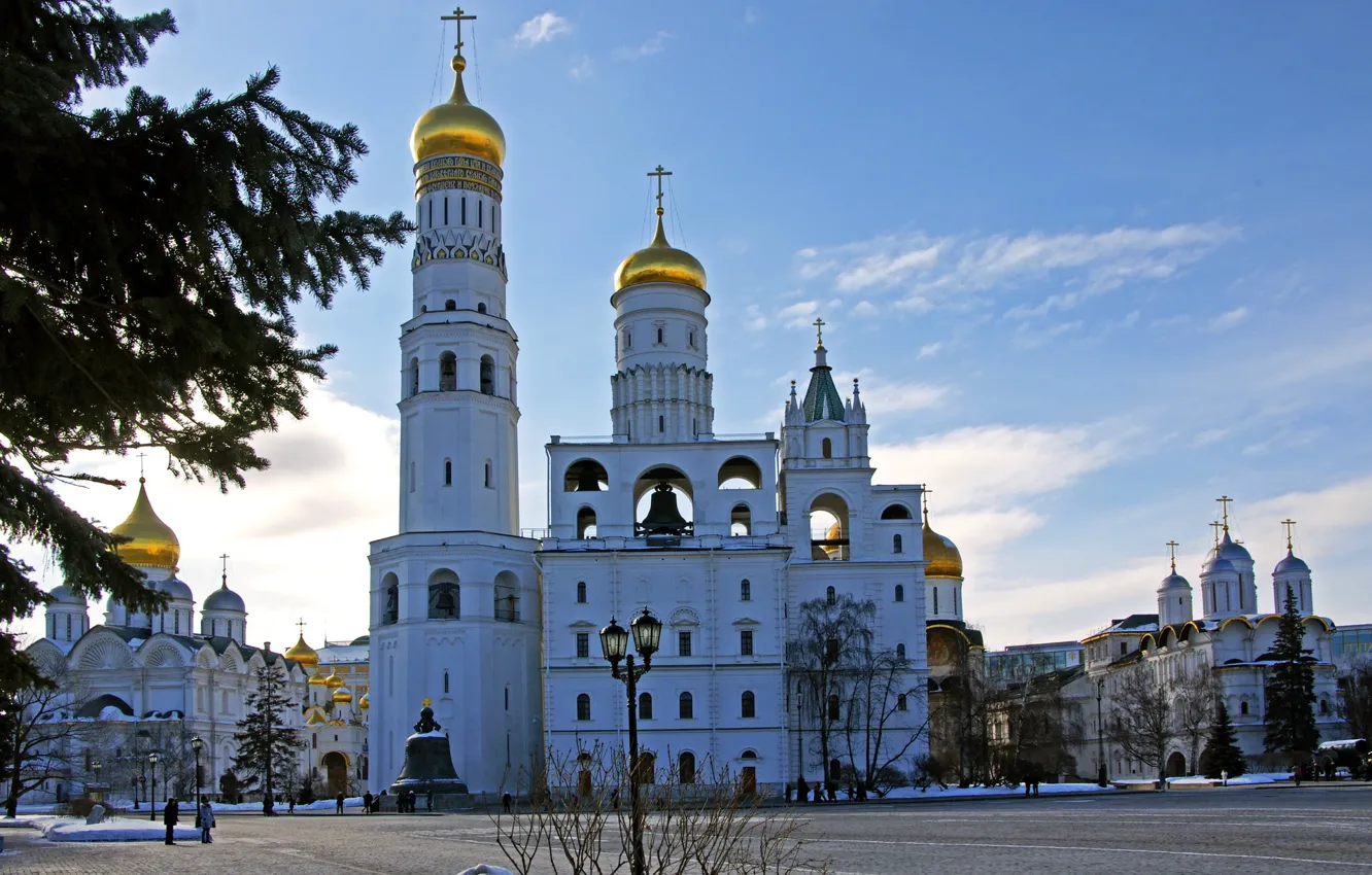 Фото обои зима, свежесть, ель, церковь, Москва, собор, Кремль, Россия
