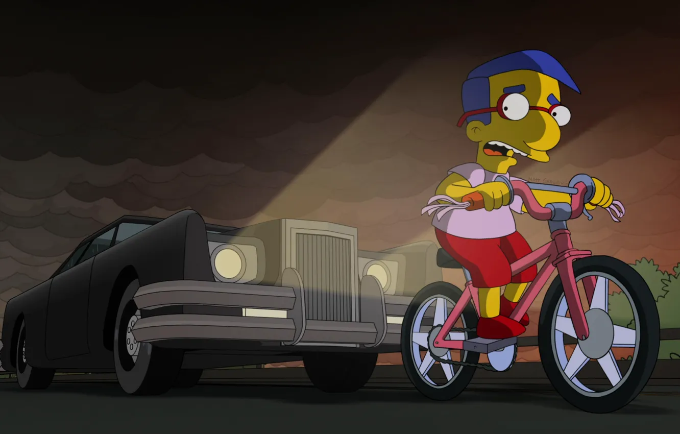 Фото обои Авто, Симпсоны, Рисунок, Машина, Simpsons, Велосипед, Арт, Мультфильм