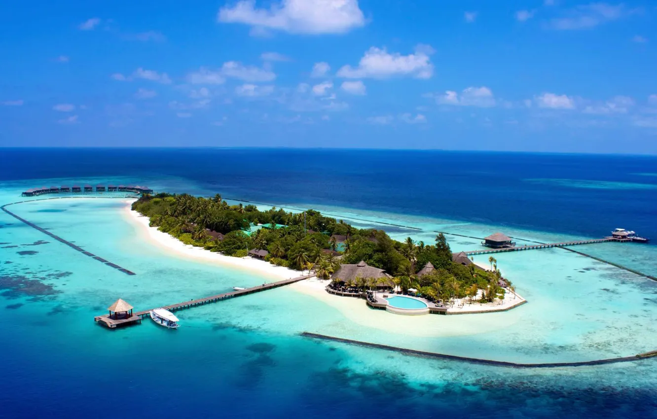 Фото обои пальмы, океан, остров, Мальдивы, курорт, лагуна