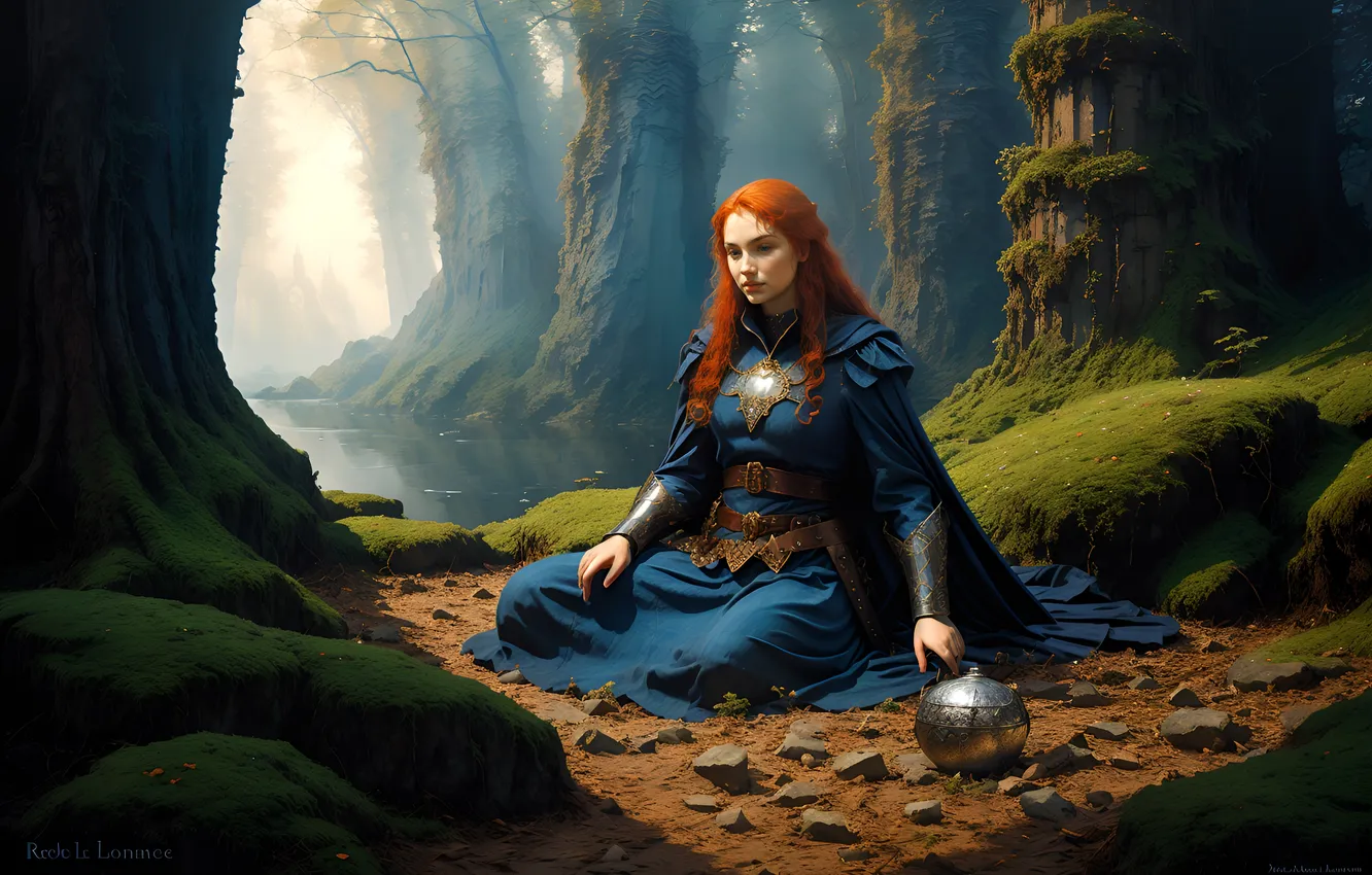 Фото обои fantasy, forest, armor, dress, lake, redhead, digital art, Princess