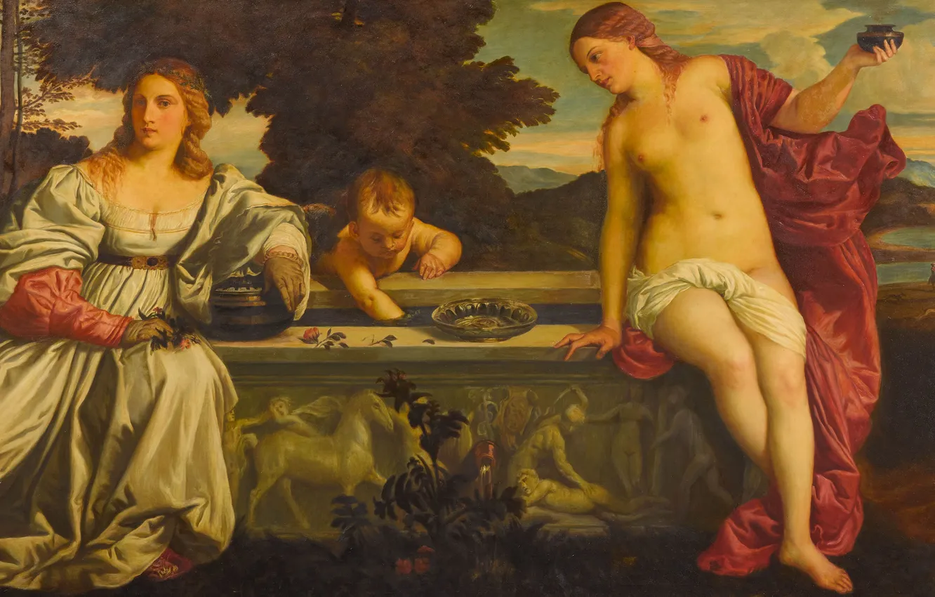 Фото обои Девушки, Картина, Венера, Тициан Вечеллио, Колодец, Titian Vecellio, Саркофаг, Любовь небесная и любовь земная