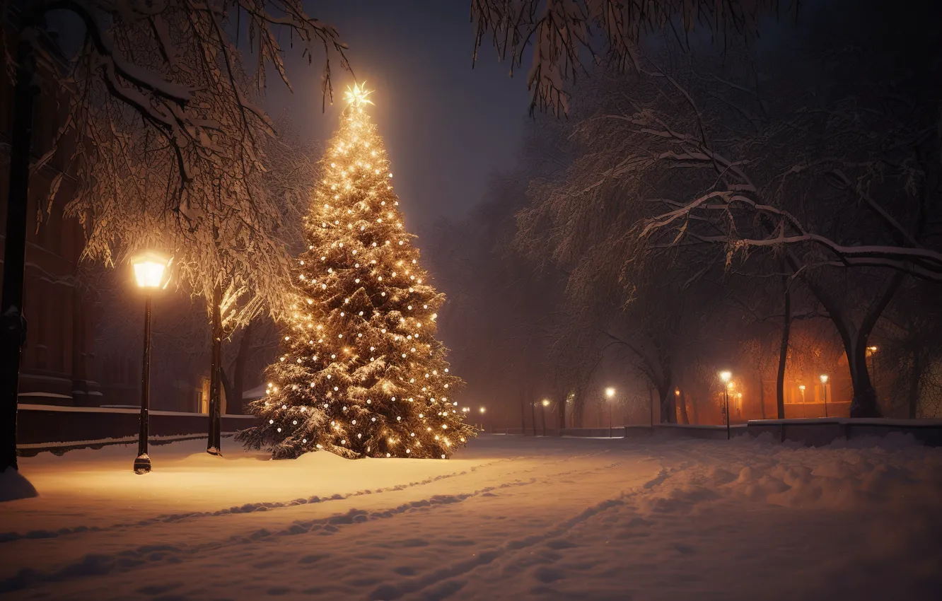Фото обои зима, лес, снег, ночь, lights, елка, Новый Год, Рождество