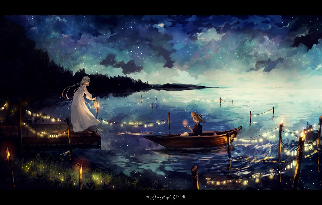 Фото обои небо, девушка, звезды, облака, ночь, озеро, лодка, шляпа