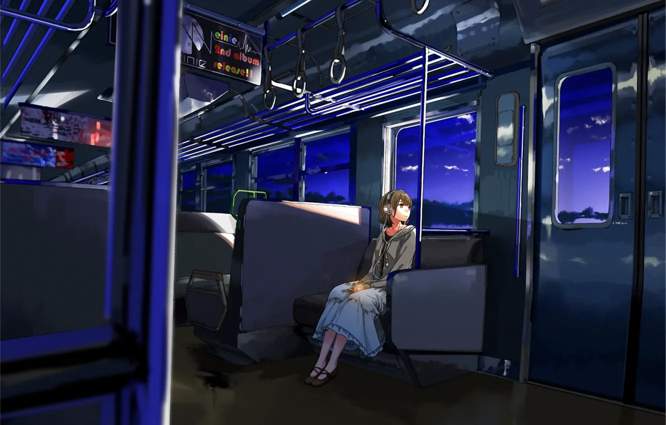Фото обои девушка, поезд, вечер, наушники, арт, одна, kurono-kuro