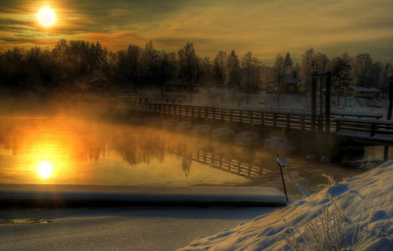 Фото обои зима, снег, мост, река, утро, Sweden, Dalecarlia, Österdal River