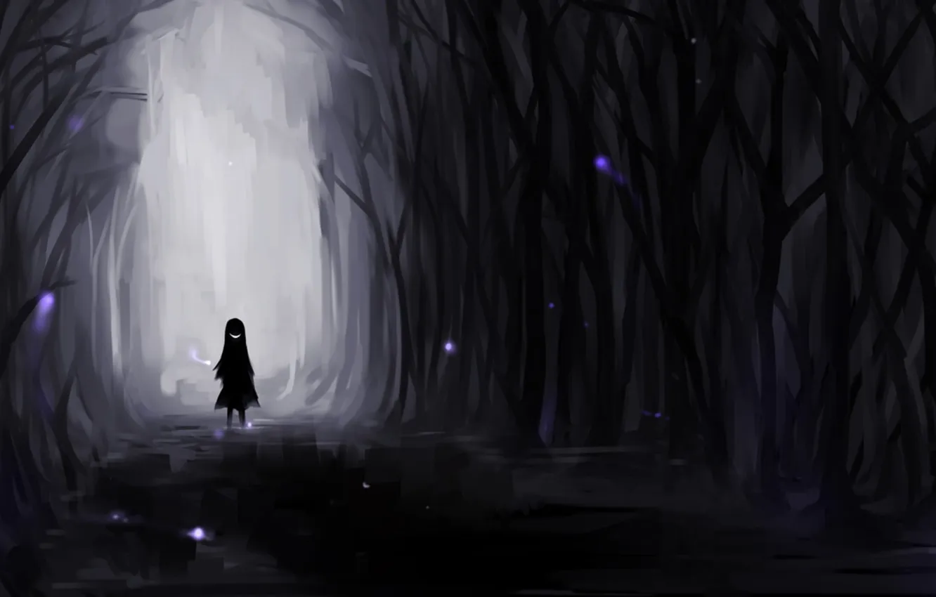 Фото обои лес, улыбка, темнота, девочка