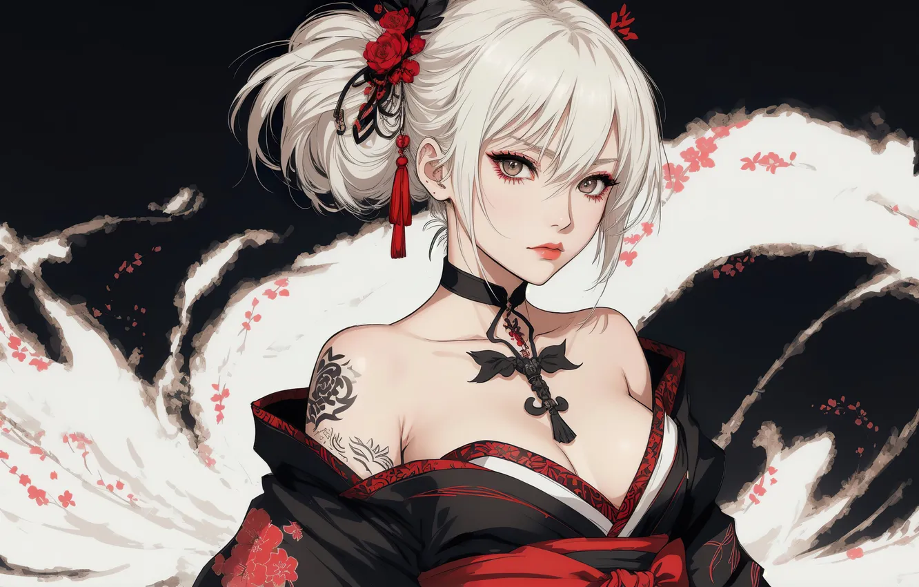 Фото обои girl, anime, blond, digital art, fantasy art, kimono, tatto, fantasy girl