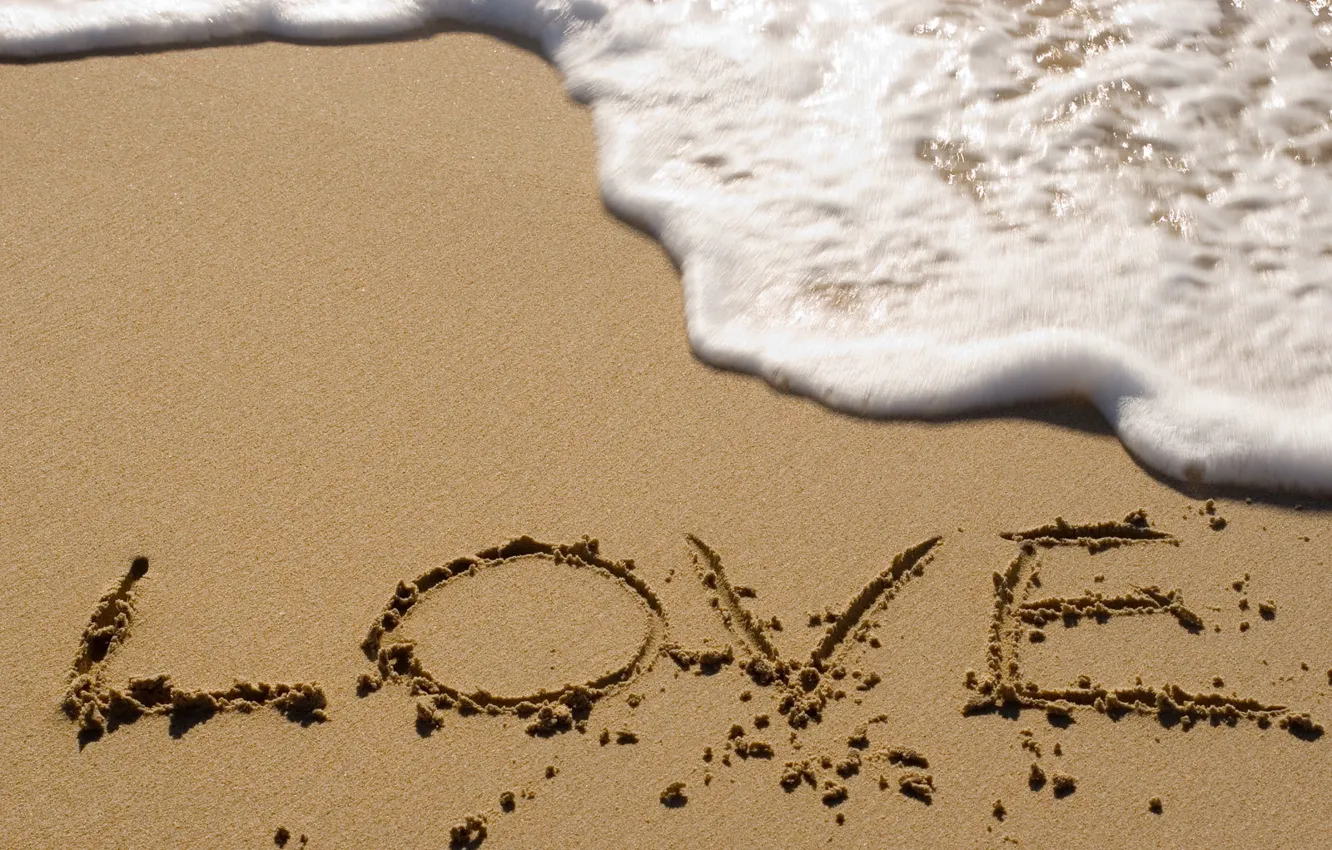 Фото обои песок, море, пляж, пена, надпись, волна, love