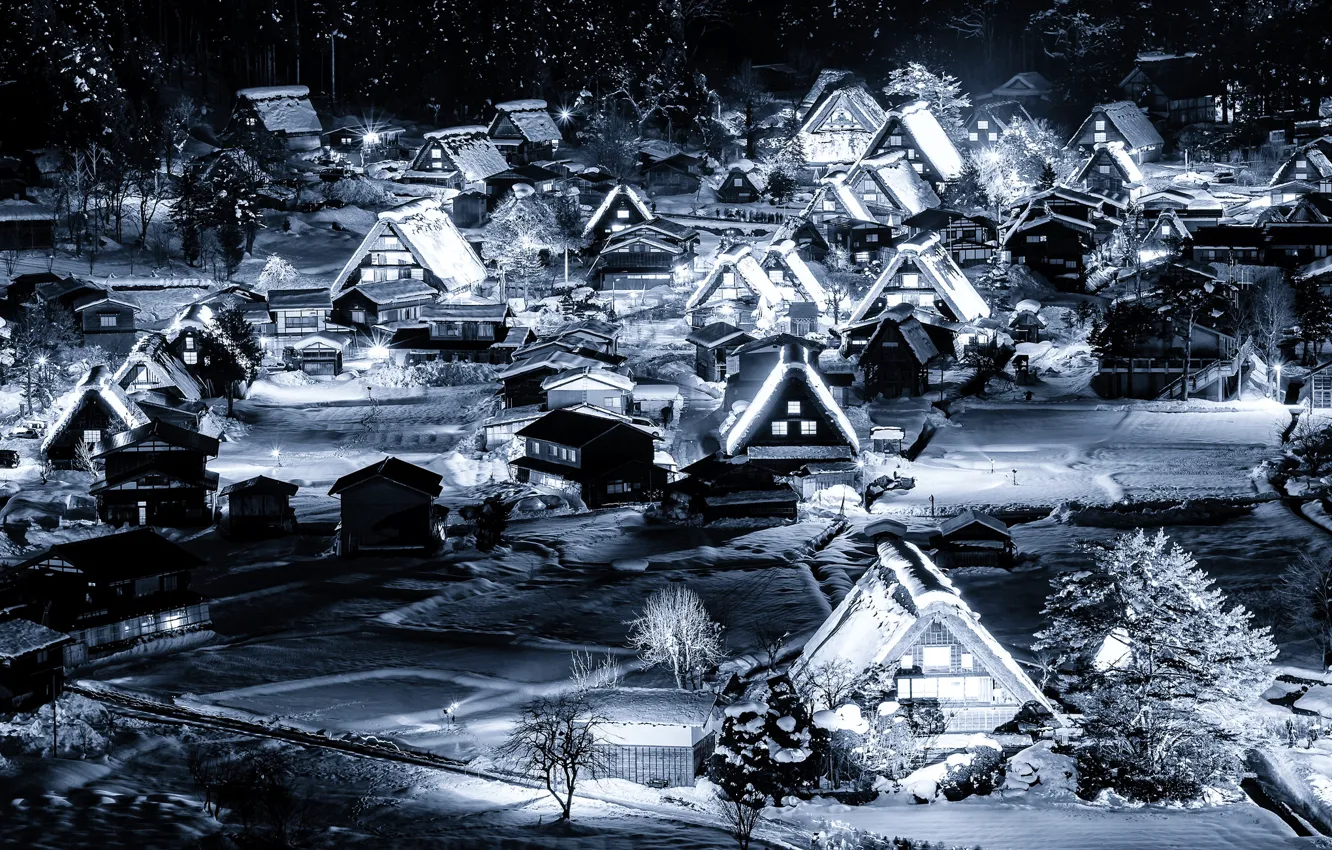 Фото обои зима, снег, ночь, огни, дома, Япония, долина, остров Хонсю