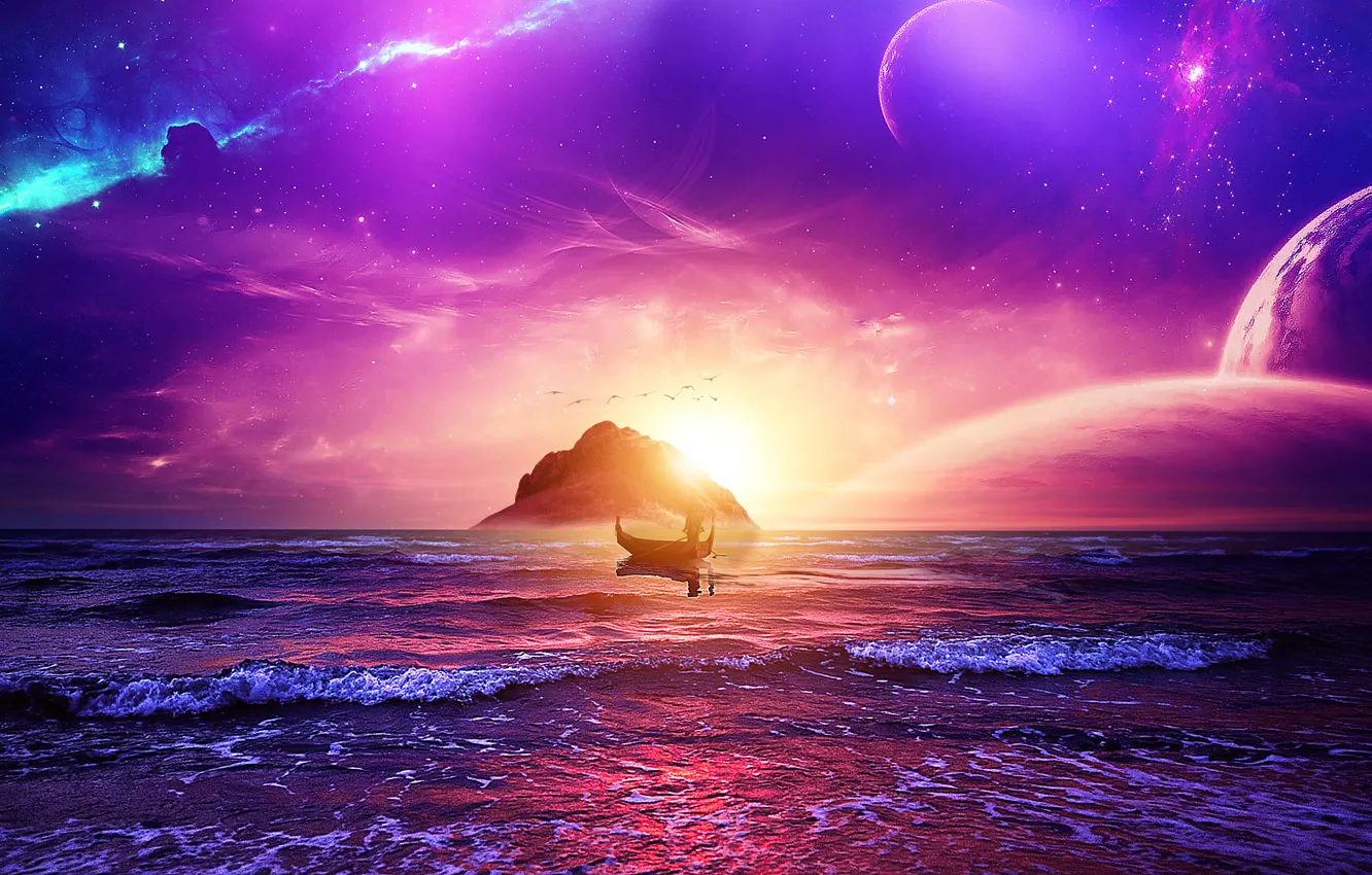 Фото обои space, sky, ocean, landscape, sunset, stars, man, purple