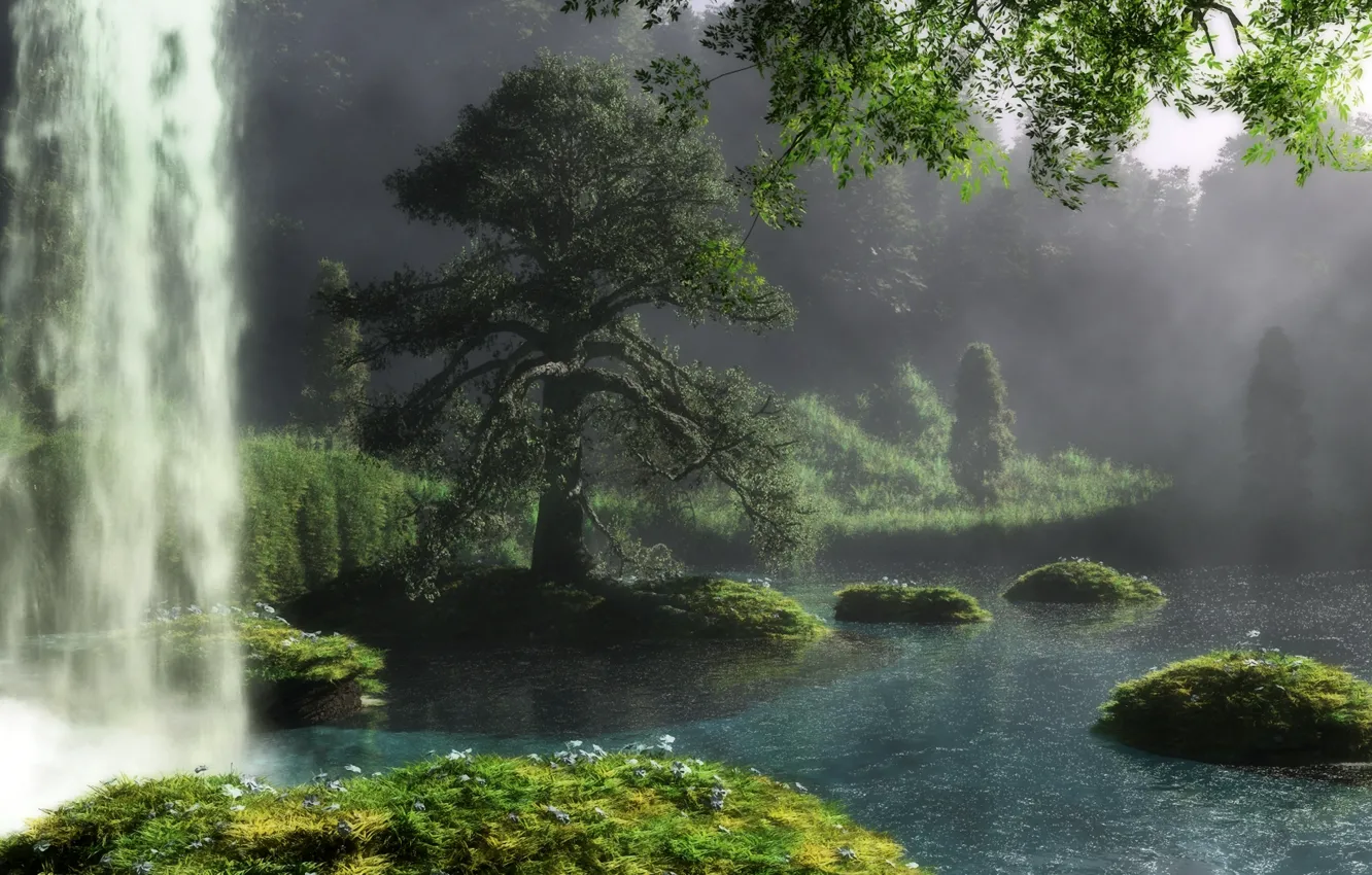Фото обои пейзаж, природа, река, дерево, водопад, арт, klontak