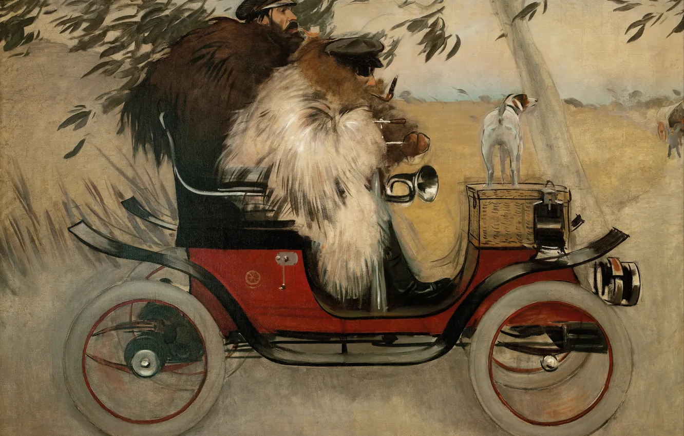 Фото обои осень, ретро, собака, картина, автомобиль, Ramon Casas