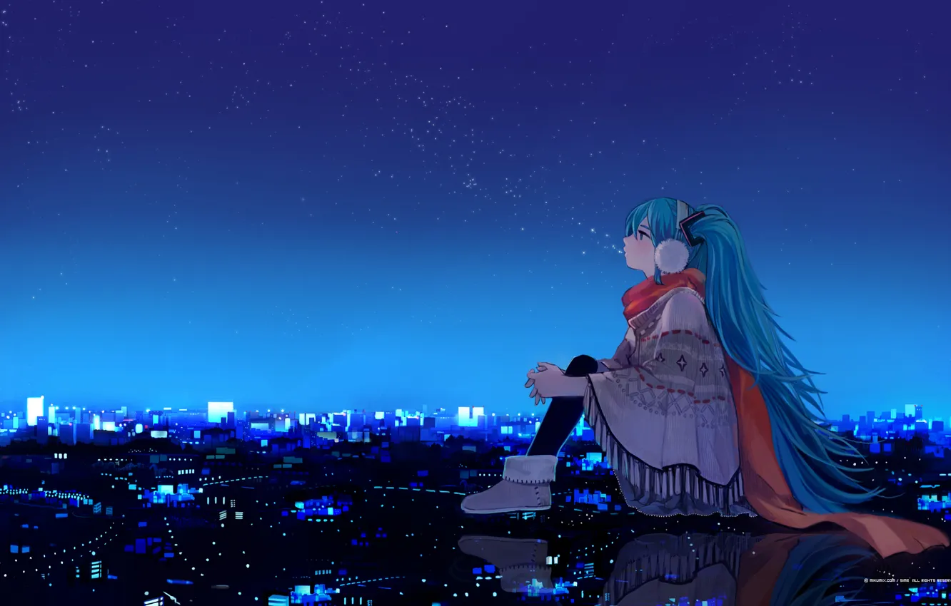 Фото обои девушка, звезды, ночь, город, огни, дома, арт, Hatsune Miku