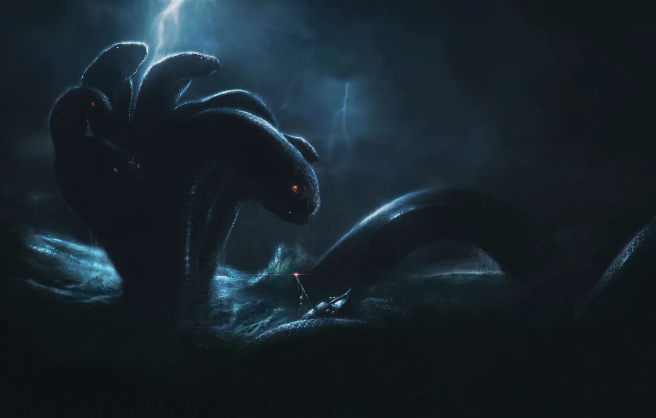 Фото обои Вода, Море, Шторм, Змей, Фантастика, Concept Art, Creatures, Мифы