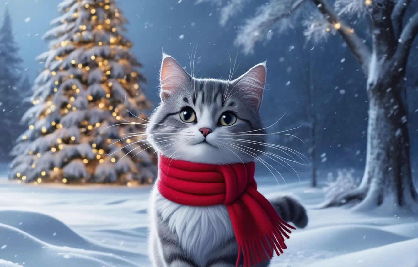 Фото обои зима, иней, кошка, кот, усы, взгляд, снег, ночь