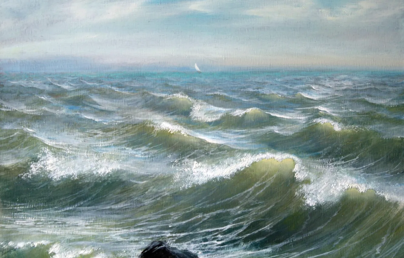 Фото обои волны, облака, пейзаж, камни, Море, Айбек Бегалин, 2011г, парус в далеке