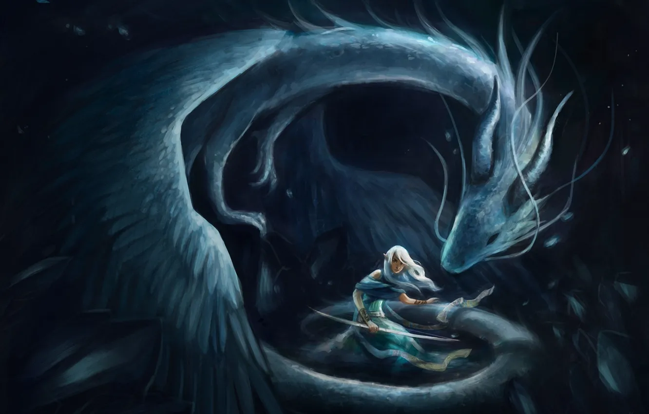 Фото обои девушка, дракон, эльф, защита, лук, арт