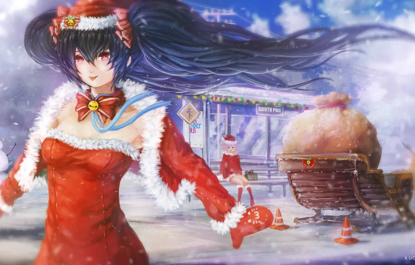 Фото обои зима, язык, снег, девушки, праздник, новый год, аниме, арт