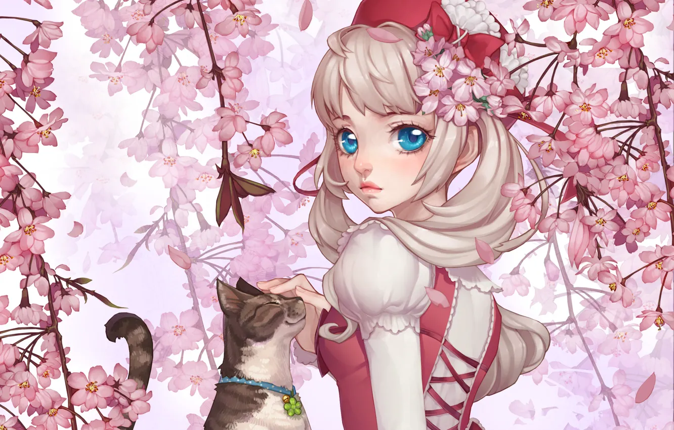 Фото обои кошка, девушка, цветы, сакура, арт, ошейник, бант, колокольчик