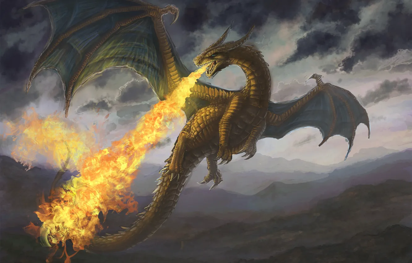 Фото обои горы, огонь, дракон