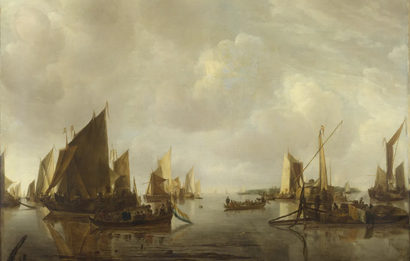 Фото обои картина, парус, Jan van de Cappelle, Ян ван Каппель, Речная сцена с Голландскими кораблями