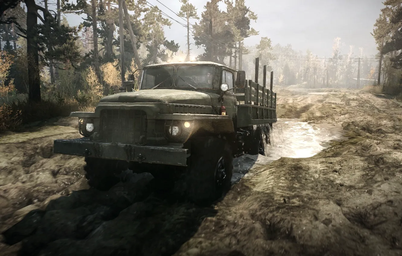 Фото обои лужа, грязь, УРАЛ, Spintires, MudRunner