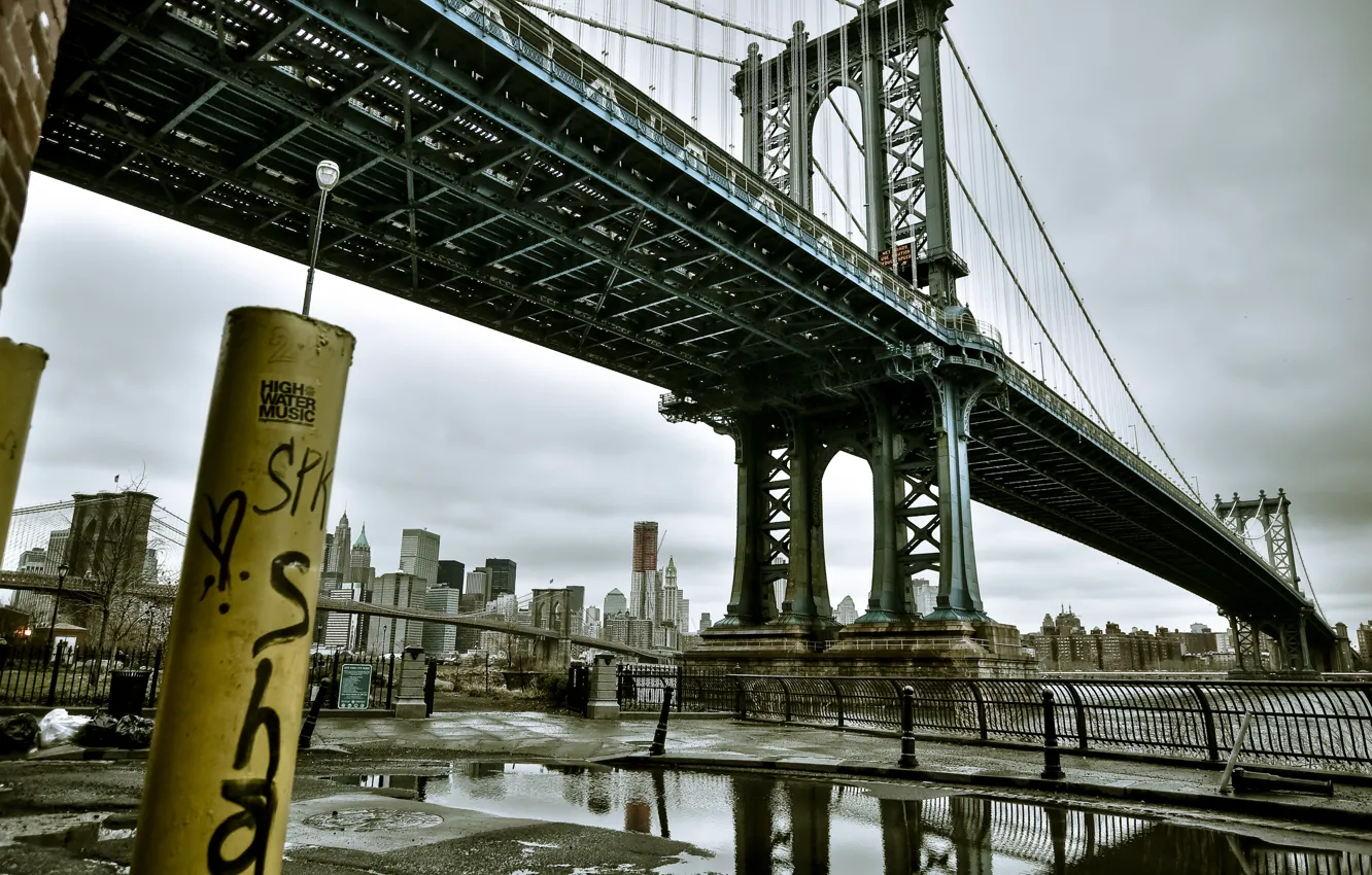 Фото обои мост, река, здания, лужа, Bridge, Manhattan