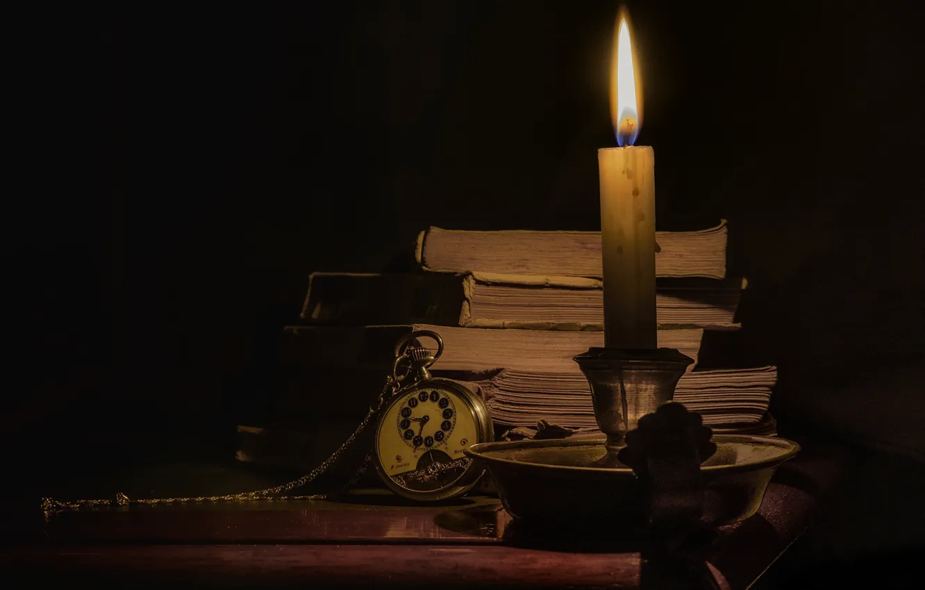 Фото обои ретро, часы, книги, свеча