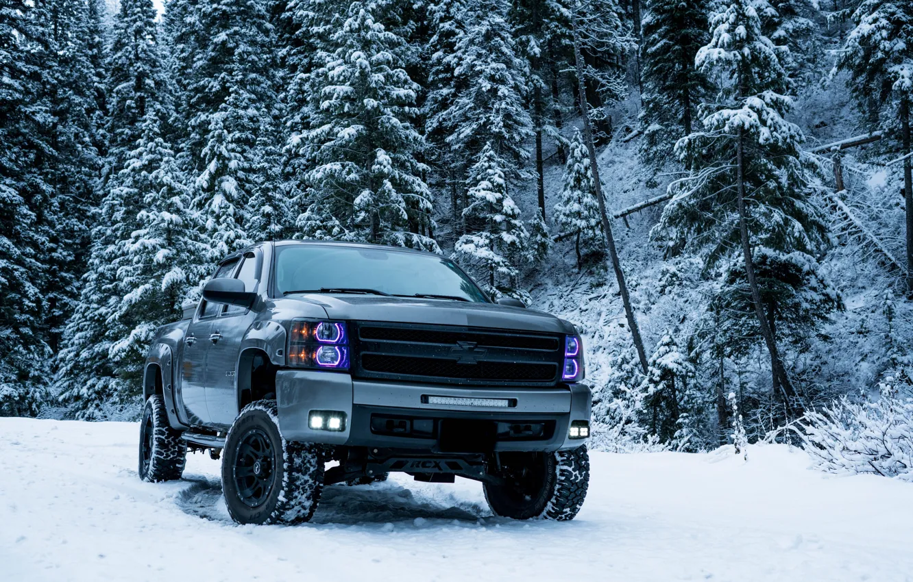 Фото обои зима, снег, деревья, Chevrolet, внедорожник, trees, пикап, winter