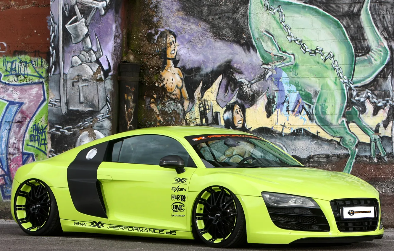 Фото обои фон, стена, Audi, тюнинг, Ауди, зелёный, суперкар, графити