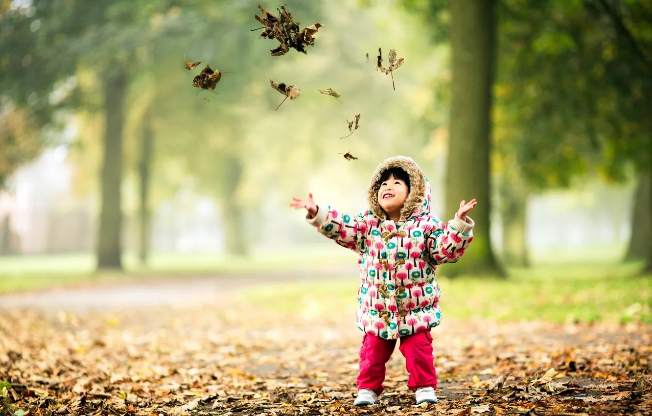 Фото обои осень, листья, настроение, ребёнок