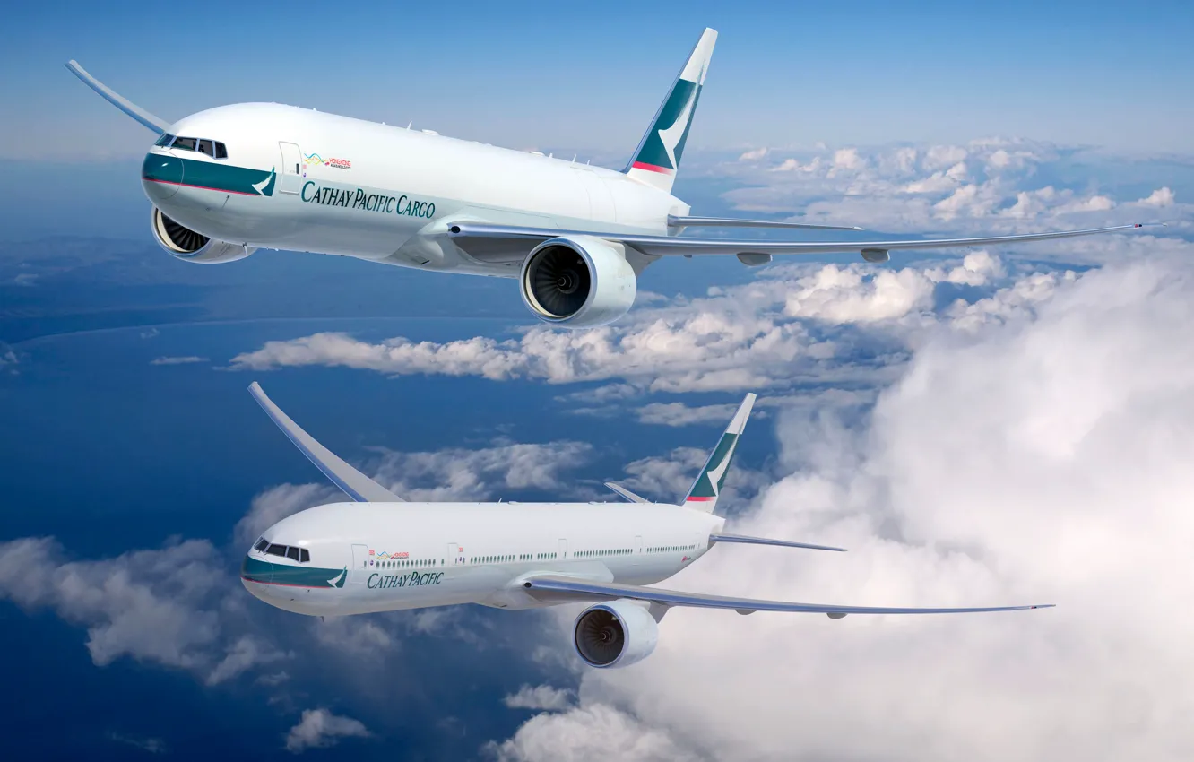 Фото обои Небо, Самолет, Boeing, Авиация, 777, В Воздухе, Летит, Cathay Pacific