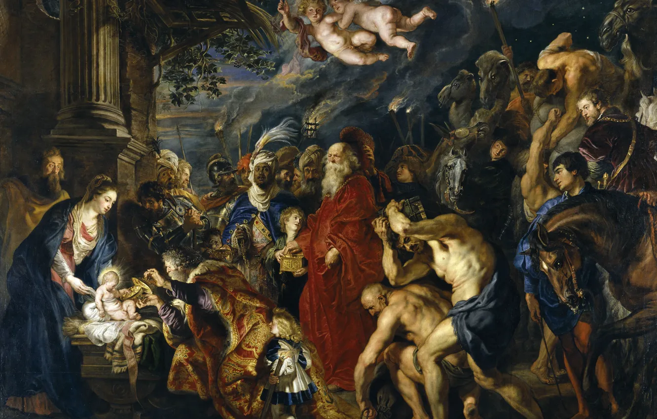 Фото обои картина, религия, Питер Пауль Рубенс, мифология, Поклонение Волхвов, Pieter Paul Rubens