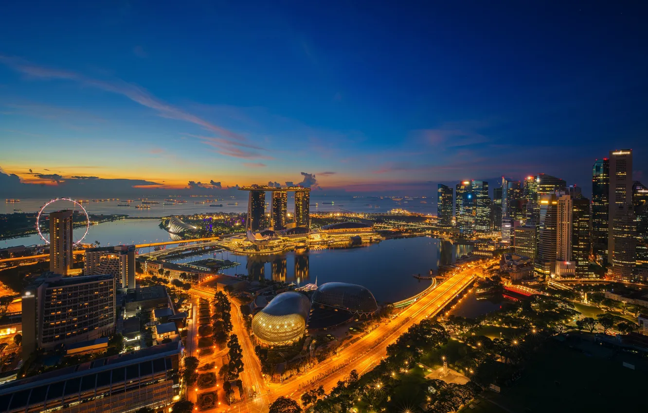 Фото обои ночь, lights, огни, небоскребы, Сингапур, архитектура, мегаполис, blue