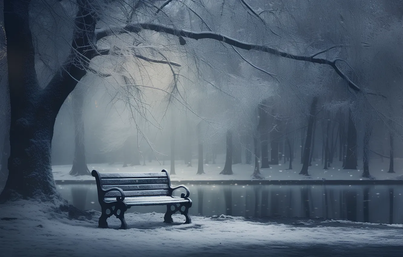 Фото обои зима, снег, скамейка, ночь, парк, night, park, winter
