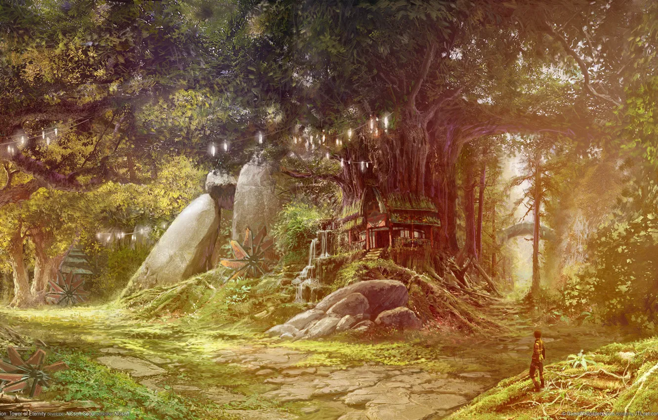 Фото обои лес, дом, человек, сказка, Aion, tower of eternity