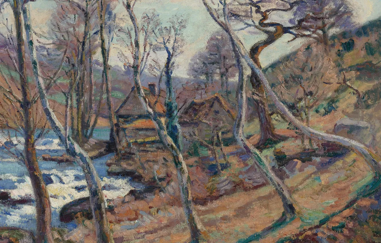 Фото обои деревья, река, картина, Арман Гийомен, Armand Guillaumin, Мельница. Бушардон