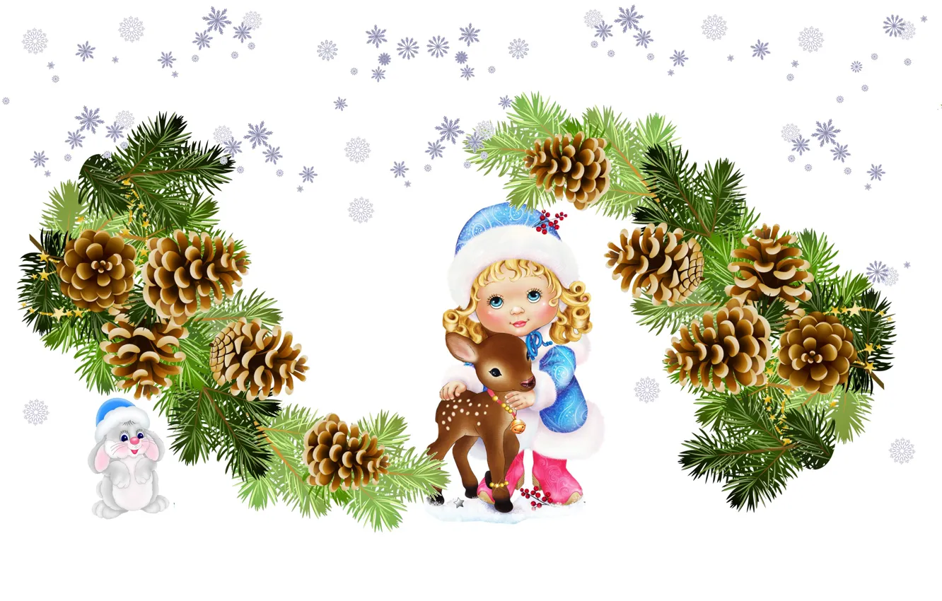 Фото обои снежинки, веточка, праздник, олень, арт, Новый год, снегурочка, малыши