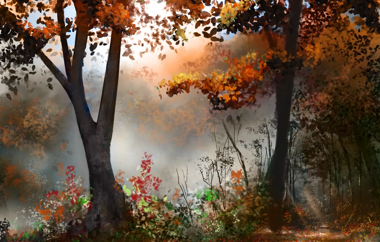Фото обои осень, лес, деревья, арт, нарисованный пейзаж