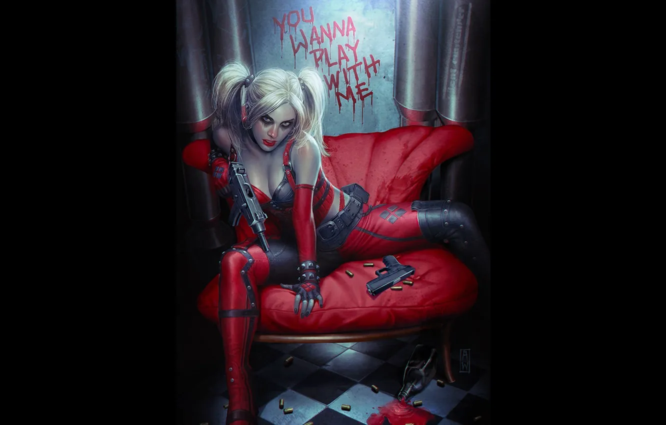Фото обои поза, оружие, кровь, костюм, DC Comics, Harley Quinn