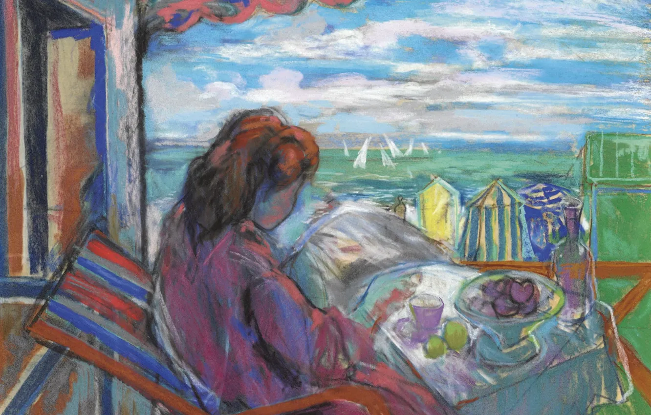 Фото обои море, девушка, пейзаж, стол, лодка, картина, парус, жанровая