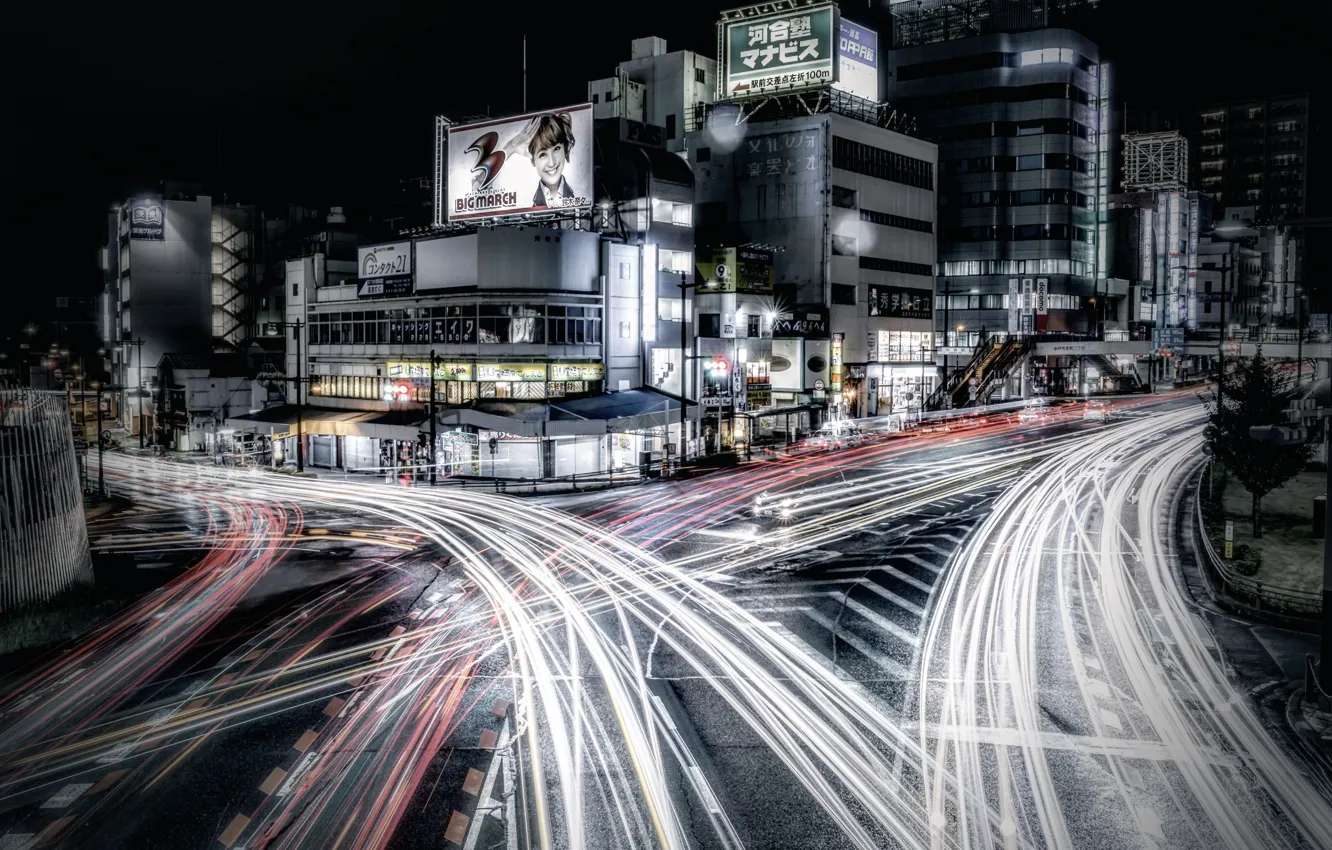Фото обои Япония, Токио, ночной город, Японский городской пейзаж