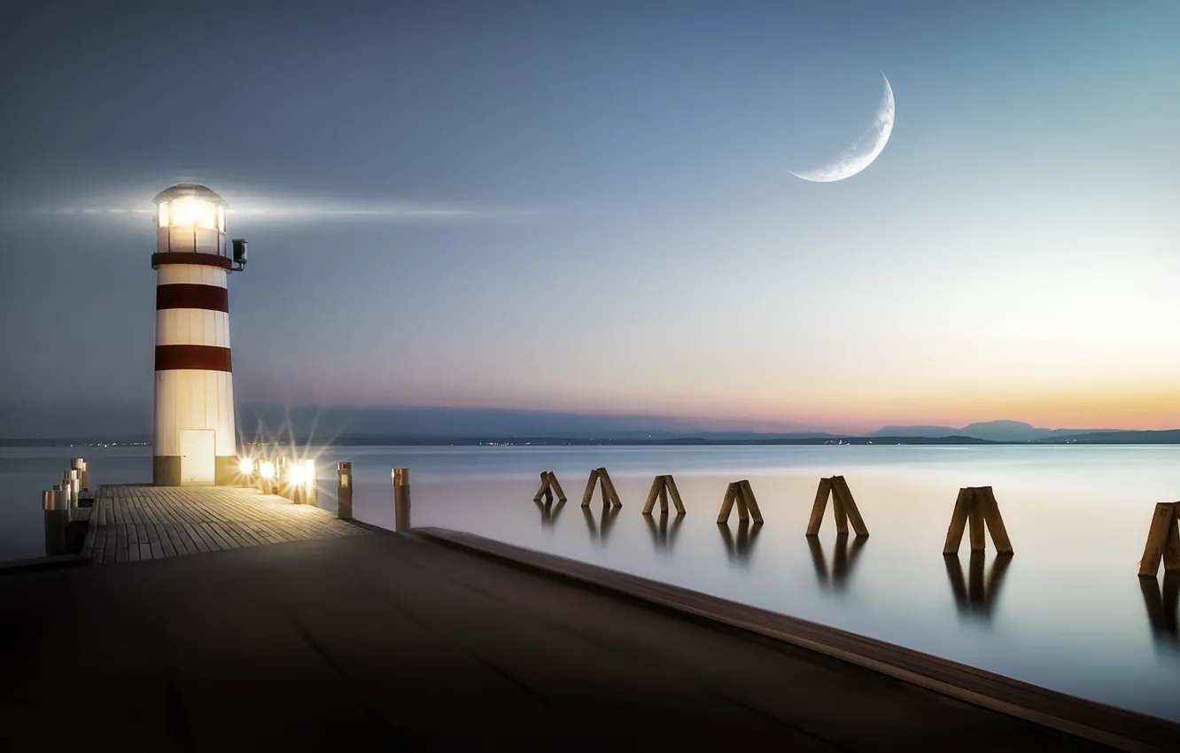 Фото обои light, moon, twilight, sky, sea, landscape, sunset, water